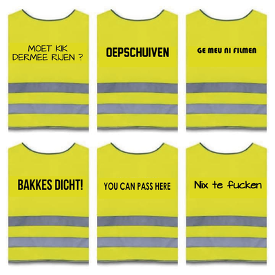 Unisex fluohesje geel met tekst op rugzijde